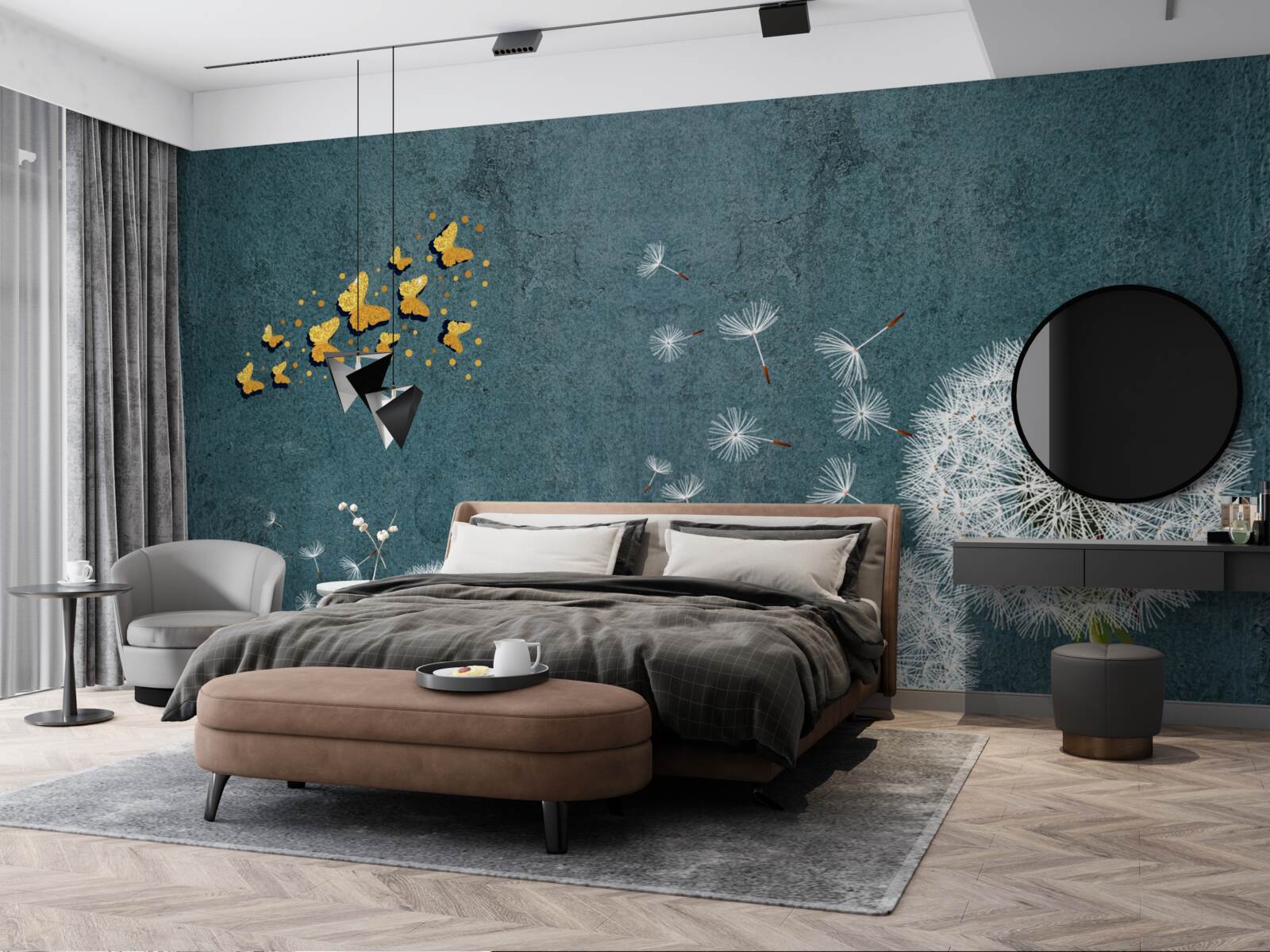 Fotobehang vlinders zwevend over melkkruid