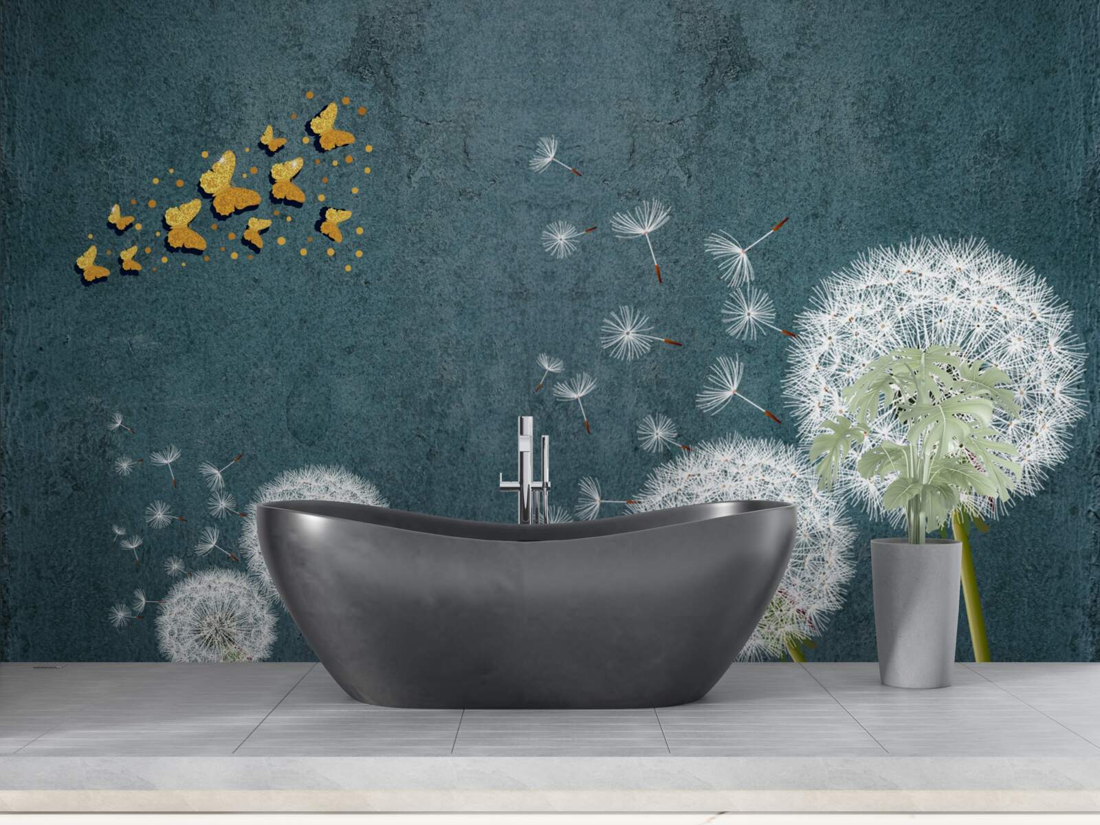 Fotobehang vlinders zwevend over melkkruid