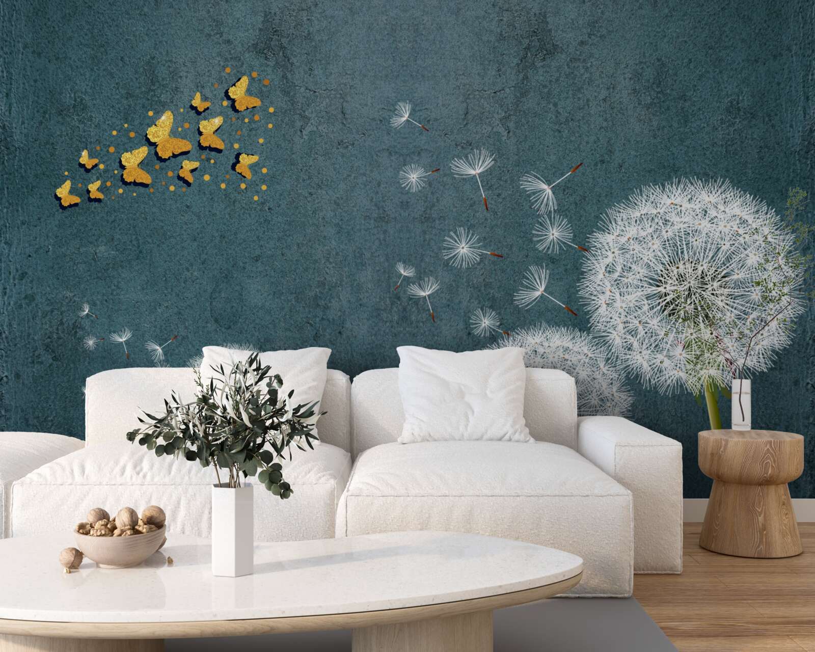 Fotobehang vlinders zwevend over melkkruid