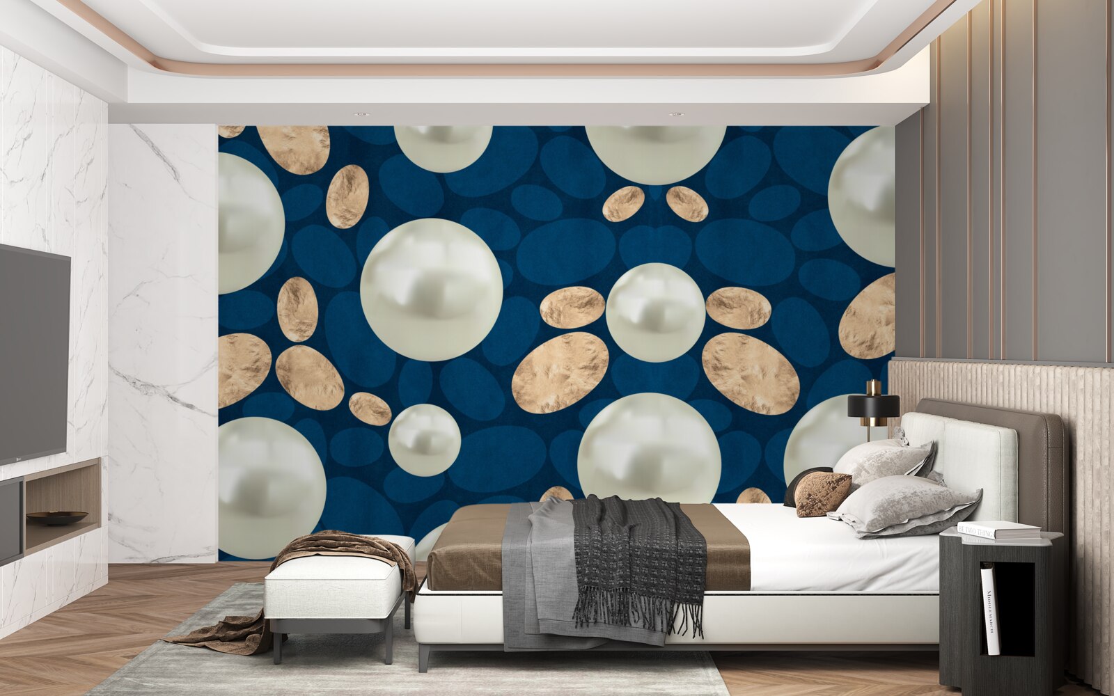 Fotobehang gouden kristallen en witte parels