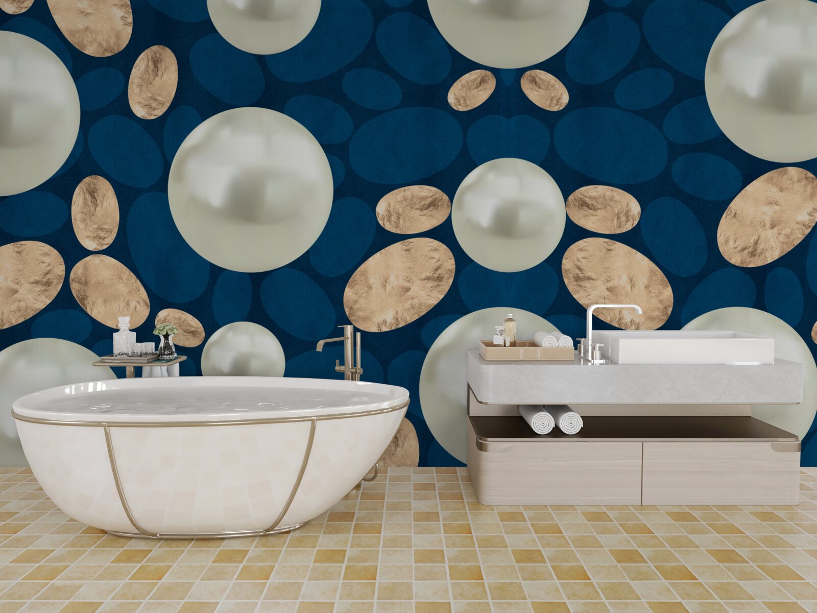 Fotobehang gouden kristallen en witte parels