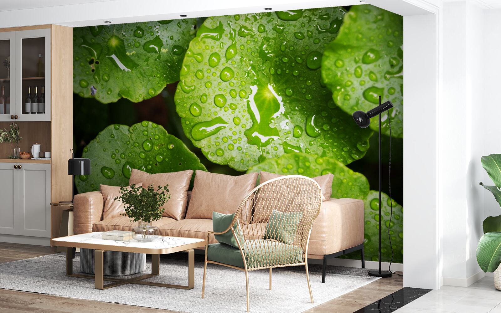 Fotobehang bladeren gewassen door regendruppels kregen een rijke groene tint