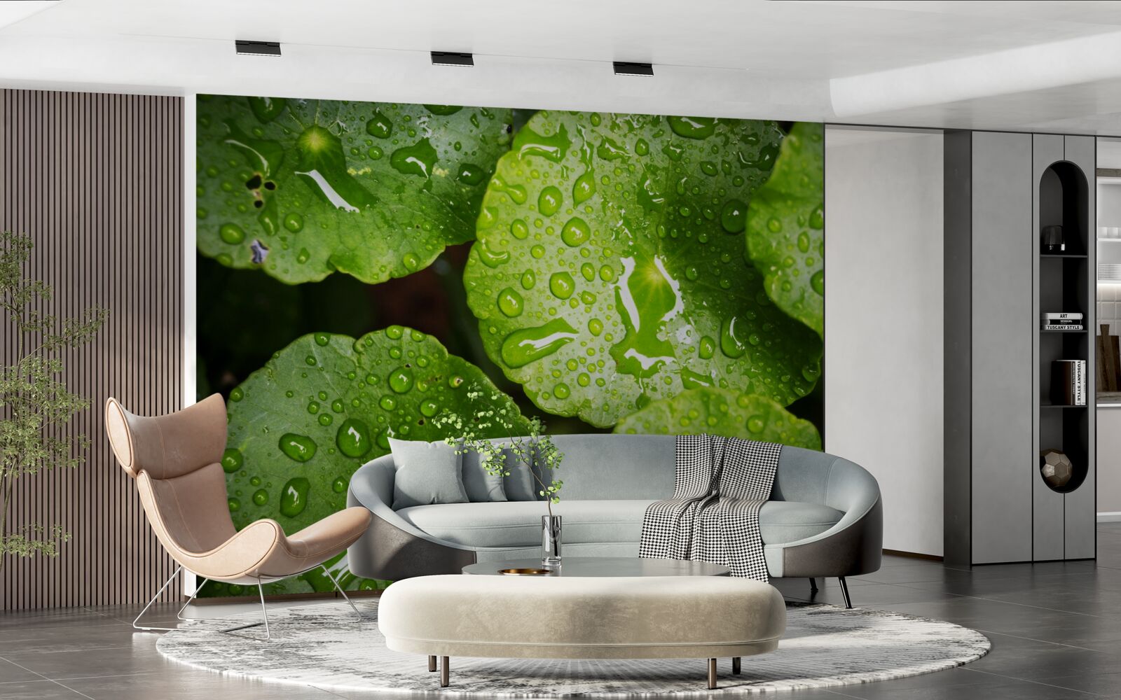 Fotobehang bladeren gewassen door regendruppels kregen een rijke groene tint