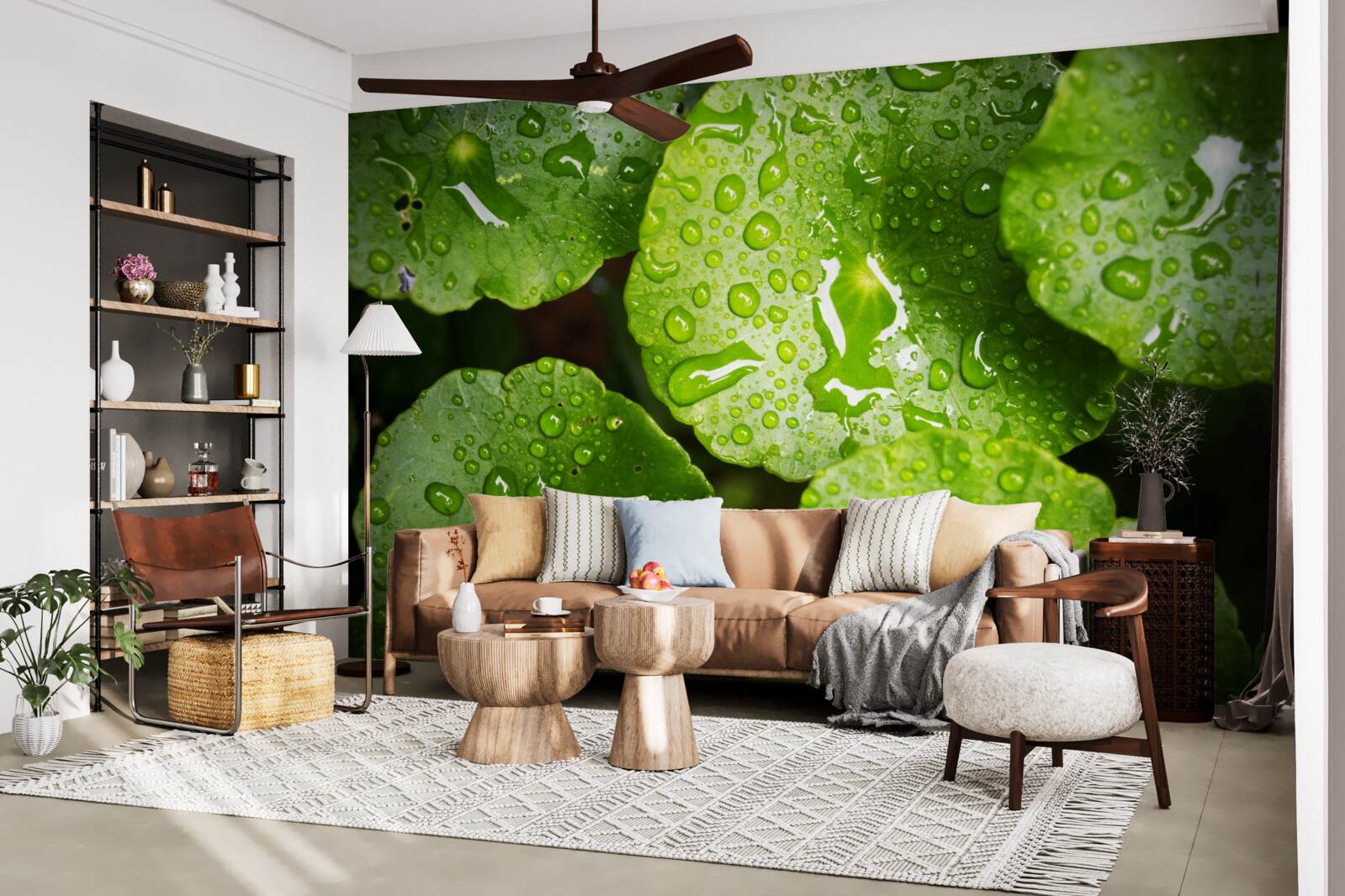 Fotobehang bladeren gewassen door regendruppels kregen een rijke groene tint