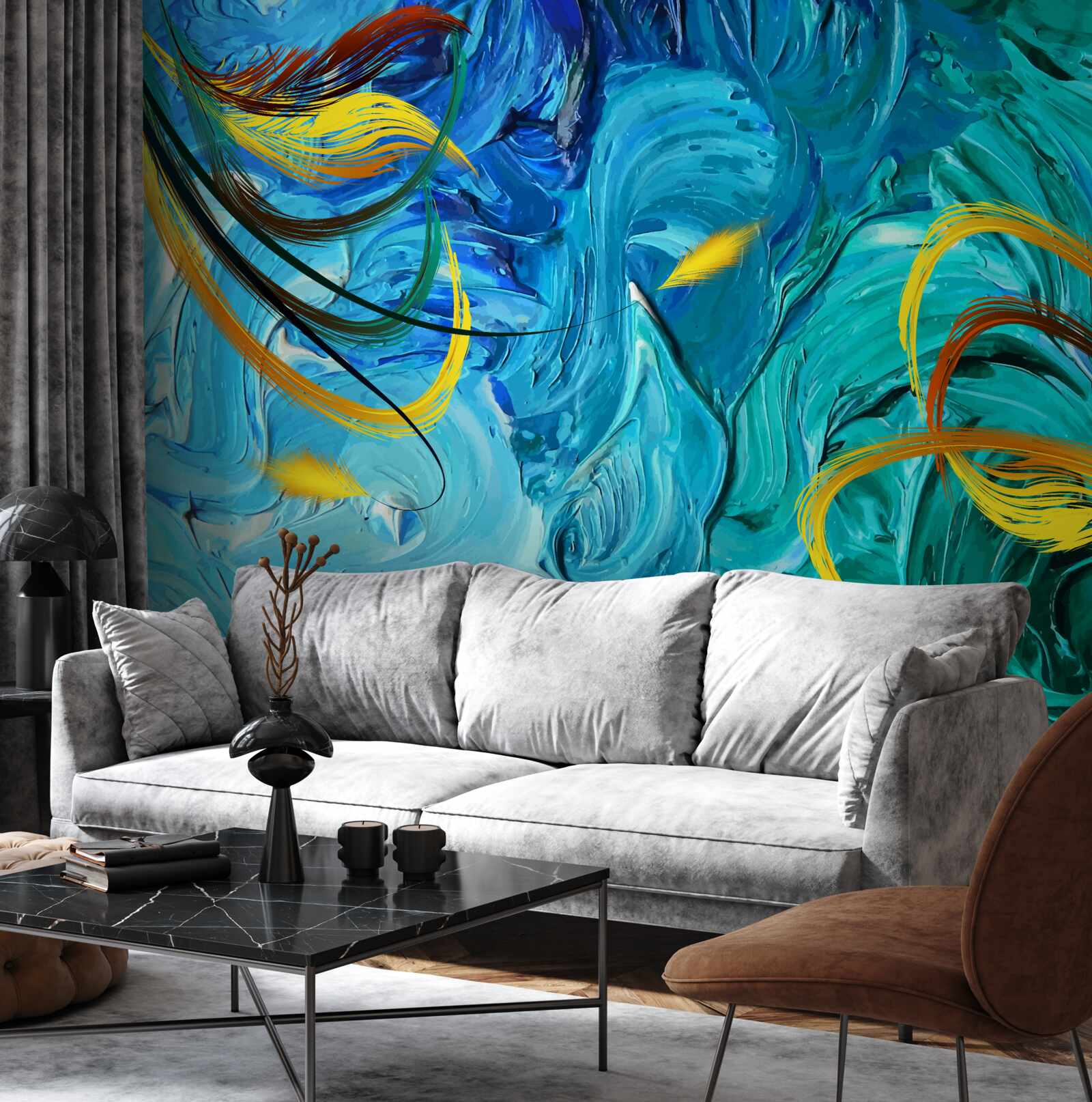 Fotobehang blauwe plakkaatverfpigmenten in verschillende tinten