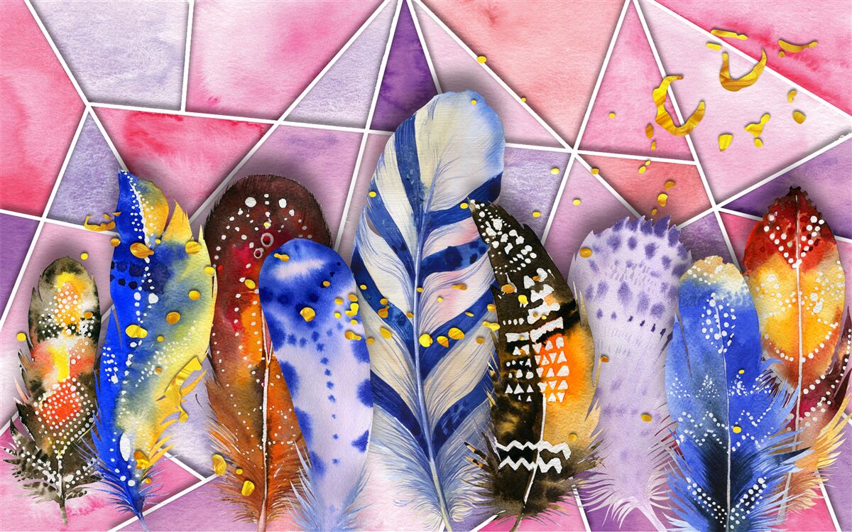 Fotobehang gekleurde veren in verschillende tinten