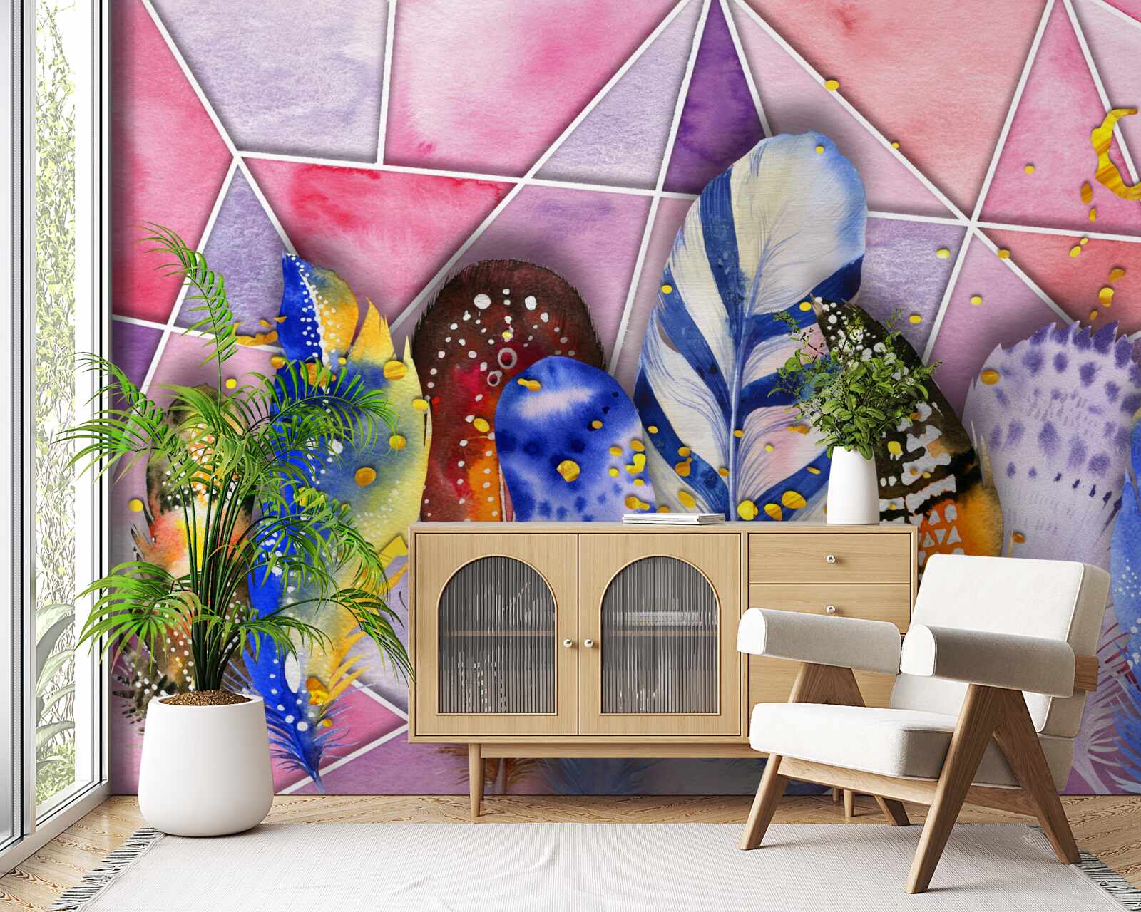 Fotobehang gekleurde veren in verschillende tinten