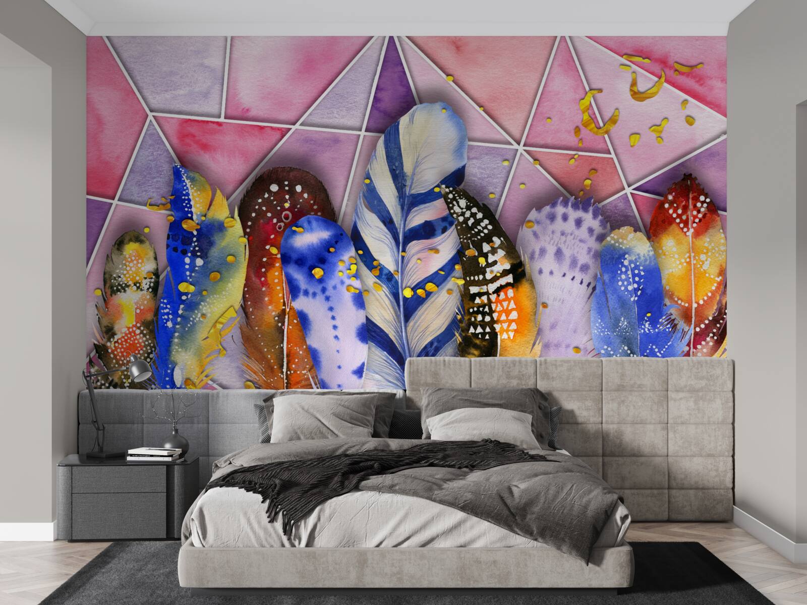 Fotobehang gekleurde veren in verschillende tinten