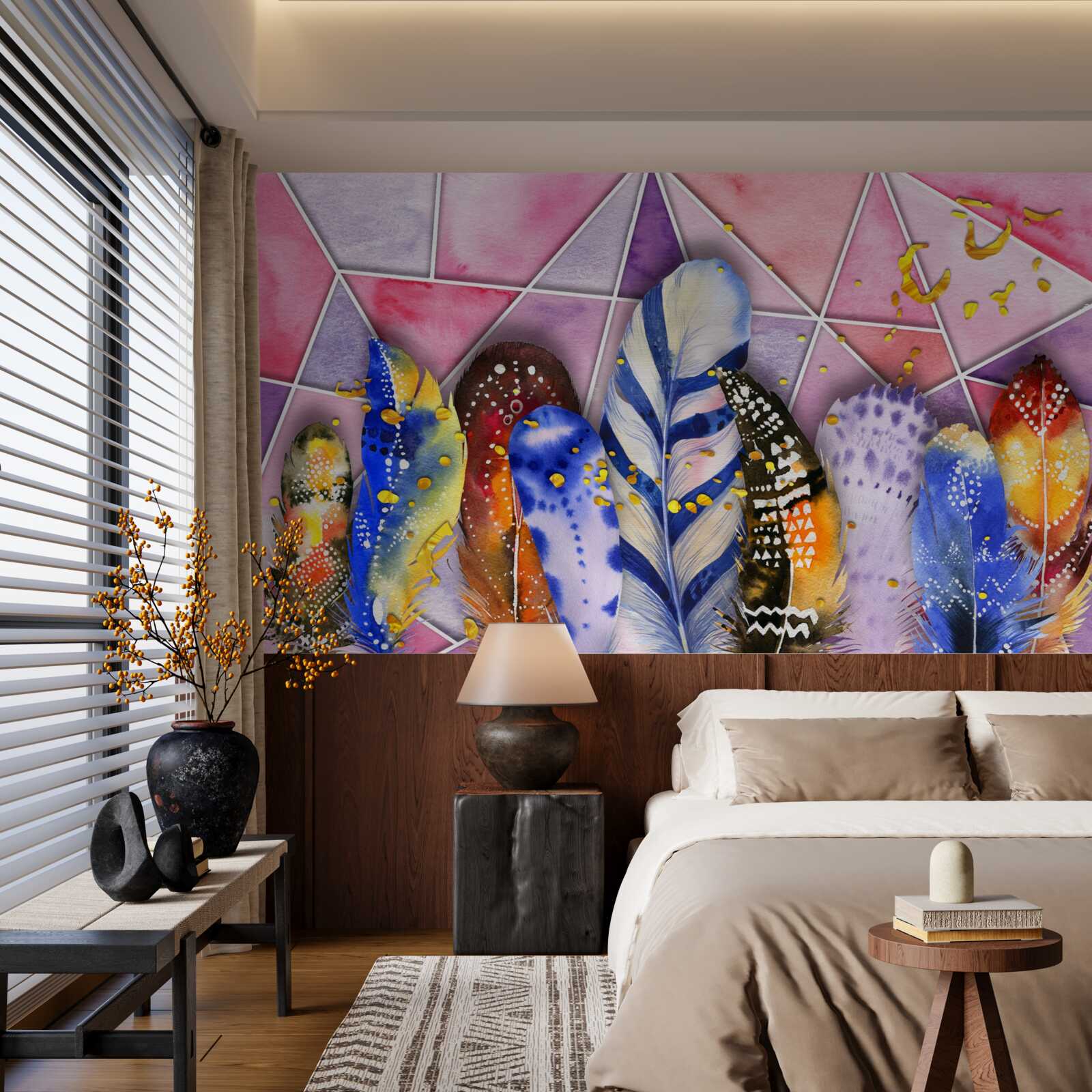 Fotobehang gekleurde veren in verschillende tinten