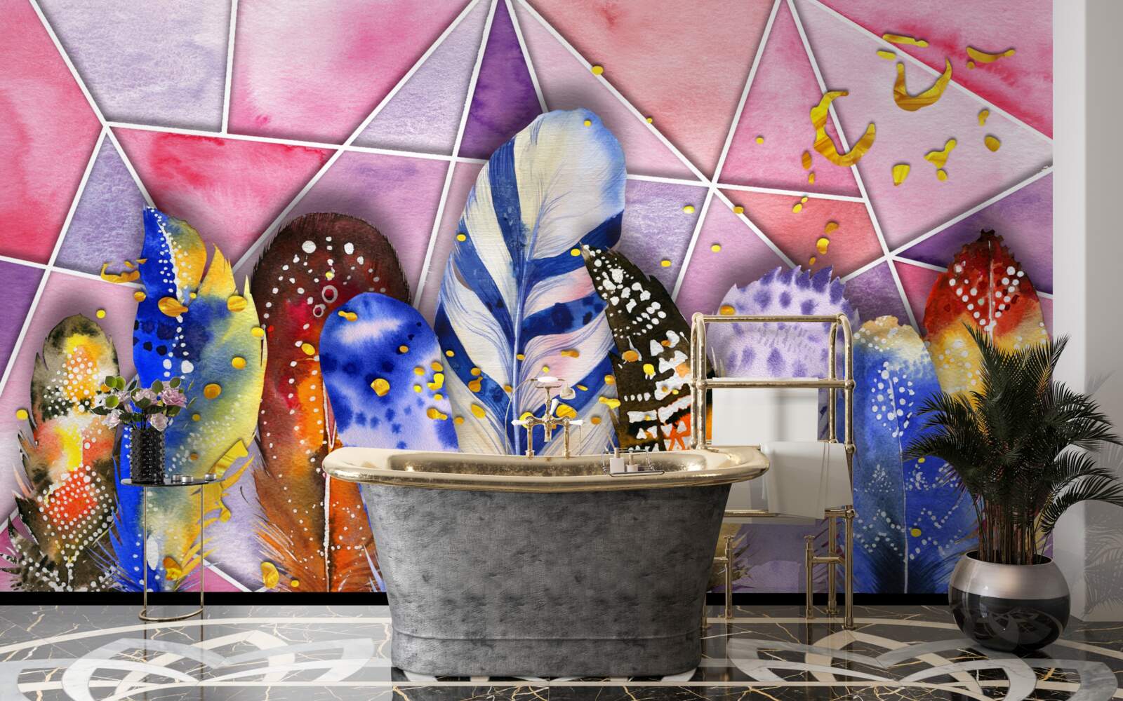 Fotobehang gekleurde veren in verschillende tinten