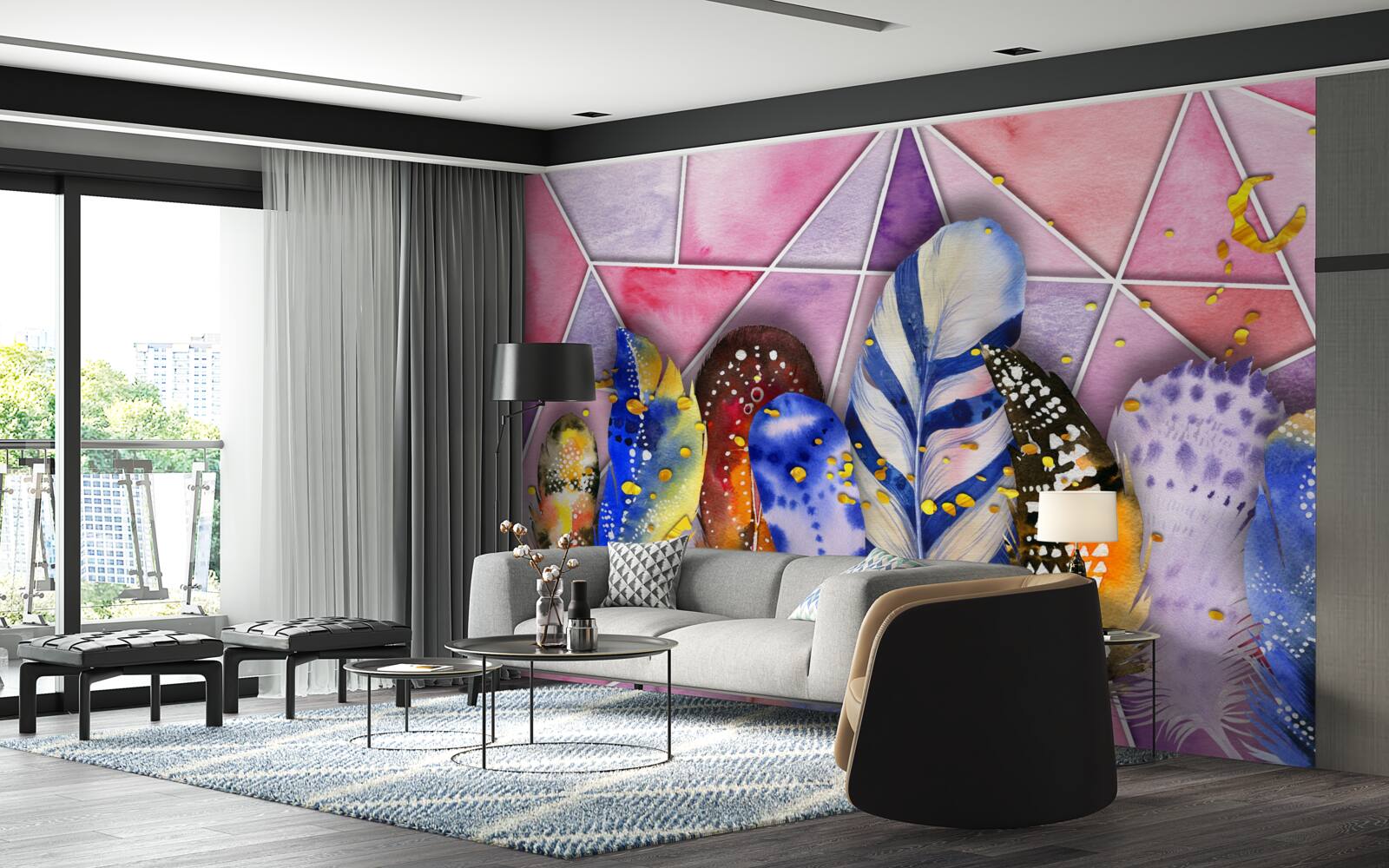 Fotobehang gekleurde veren in verschillende tinten