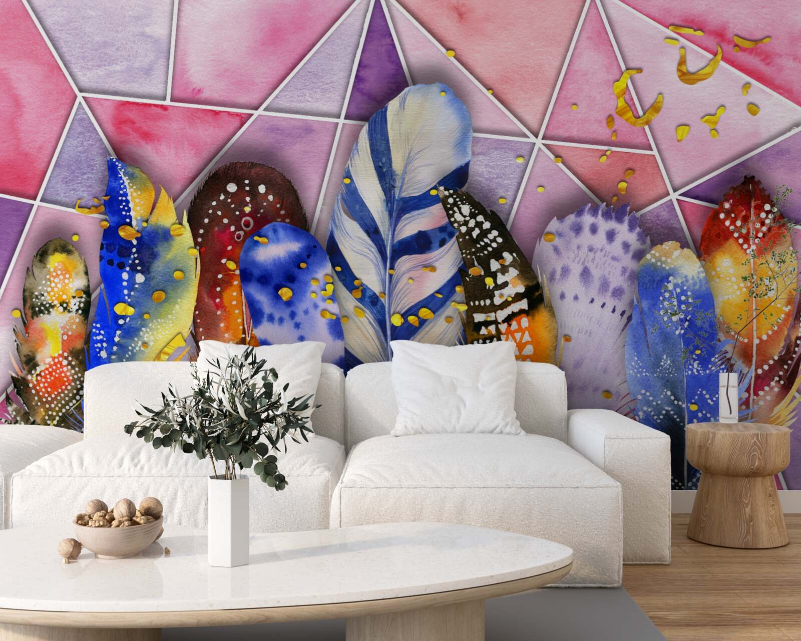 Fotobehang gekleurde veren in verschillende tinten