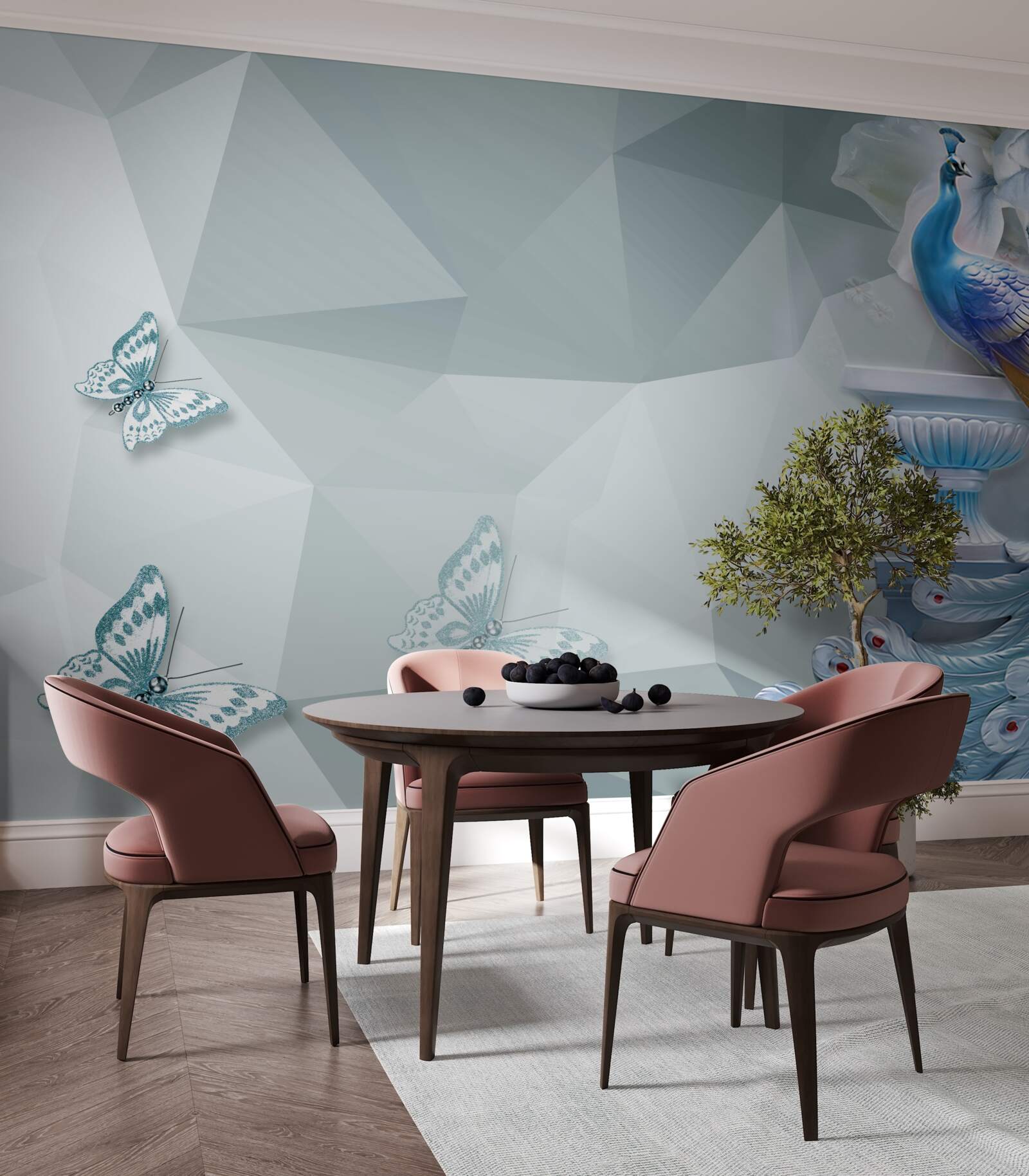 Fotobehang prachtige pauw en vlinders