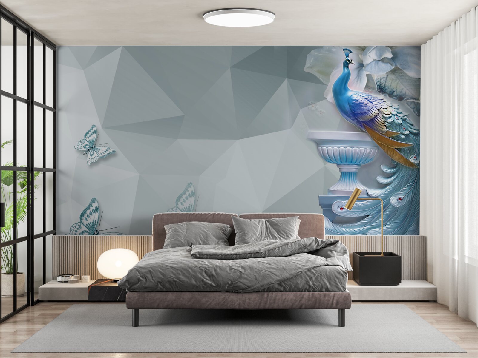 Fotobehang prachtige pauw en vlinders