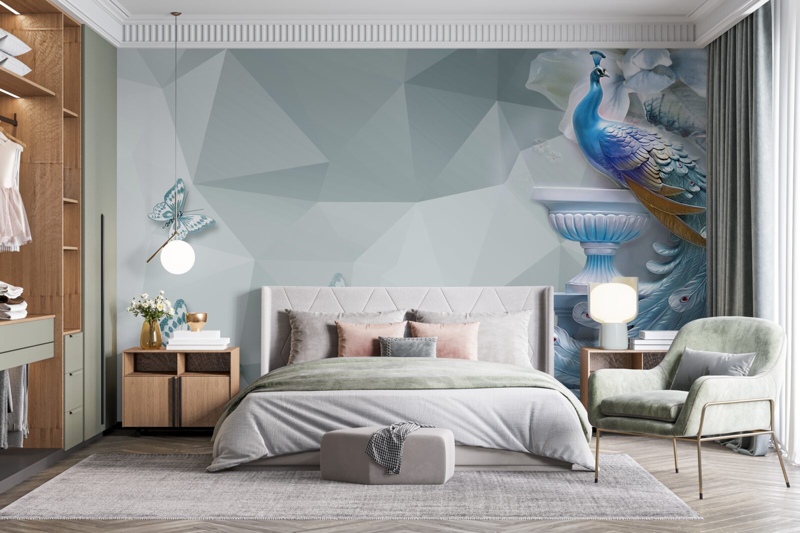 Fotobehang prachtige pauw en vlinders