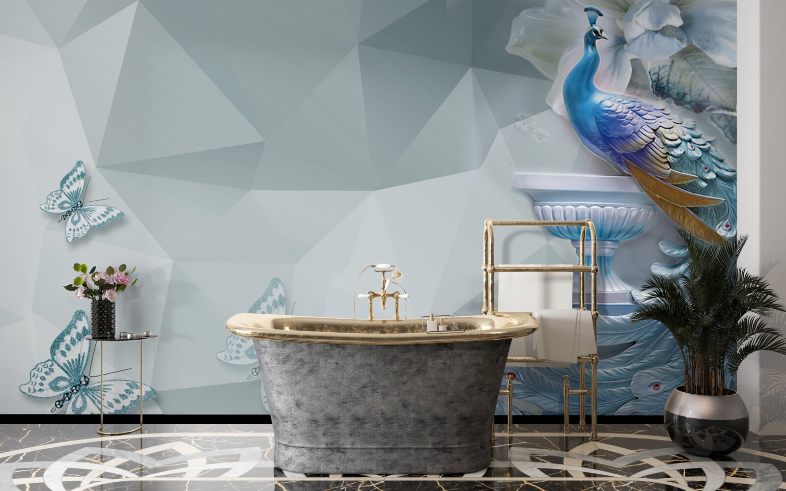 Fotobehang prachtige pauw en vlinders