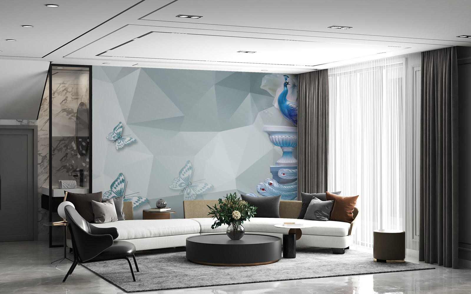 Fotobehang prachtige pauw en vlinders