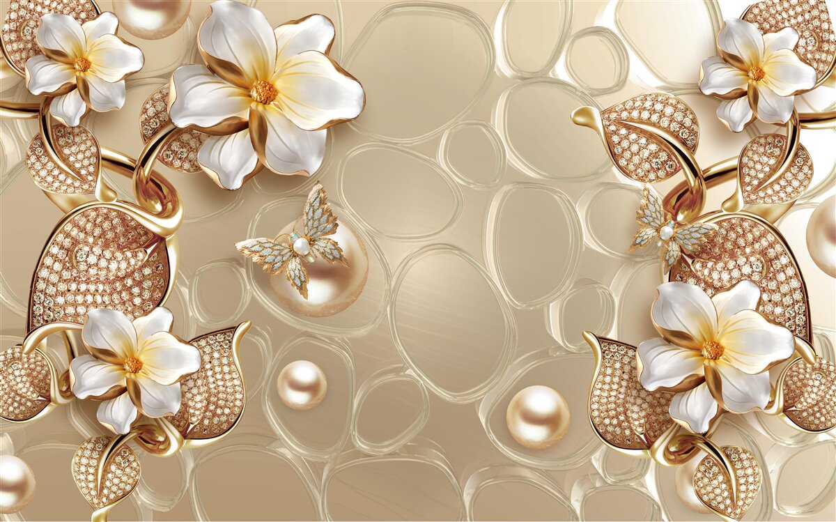 Fotobehang parels op zijde ontwikkelen takken met witte bloemen