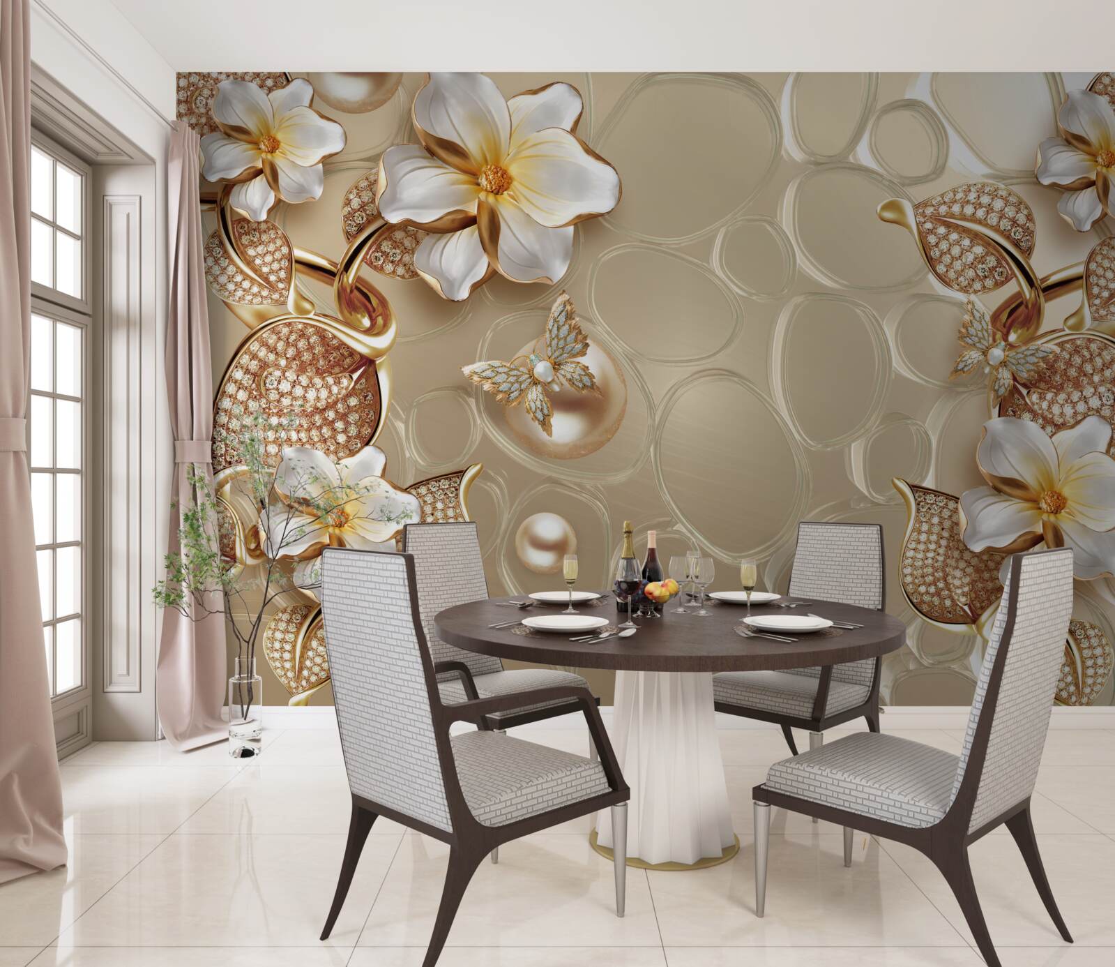 Fotobehang parels op zijde ontwikkelen takken met witte bloemen