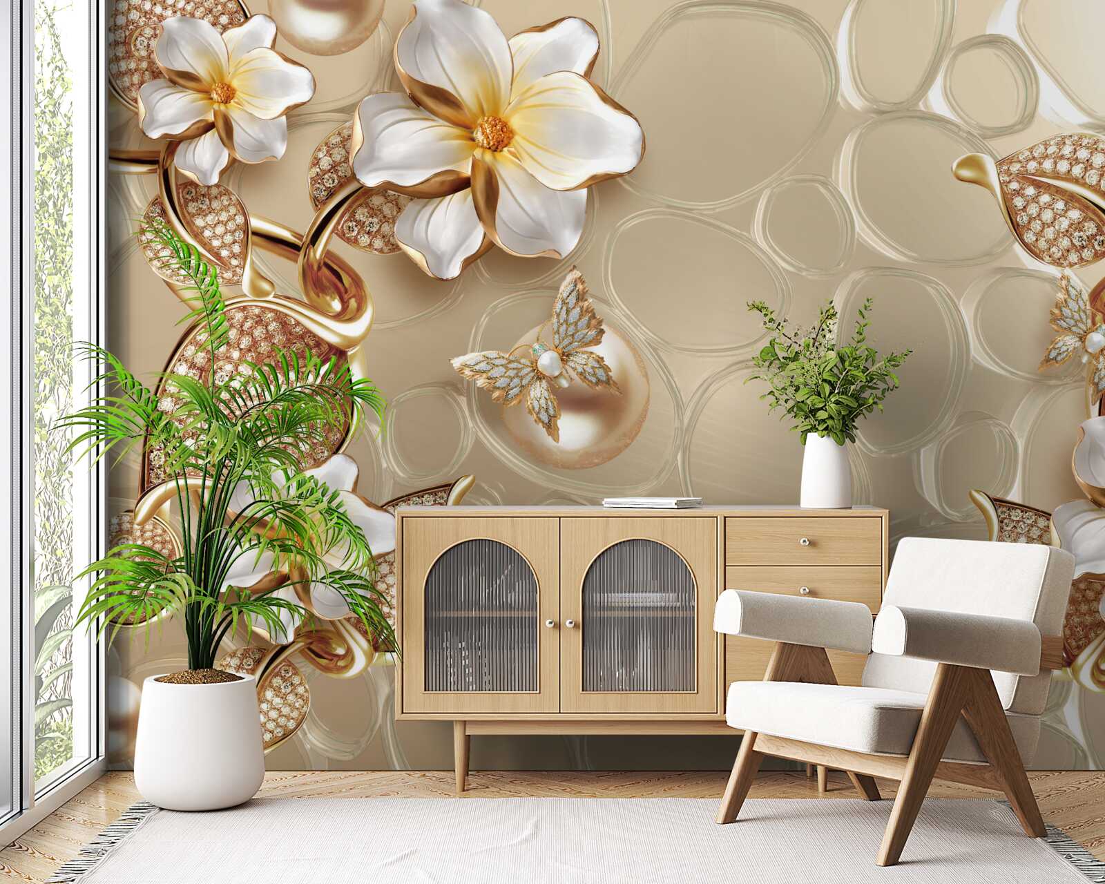 Fotobehang parels op zijde ontwikkelen takken met witte bloemen