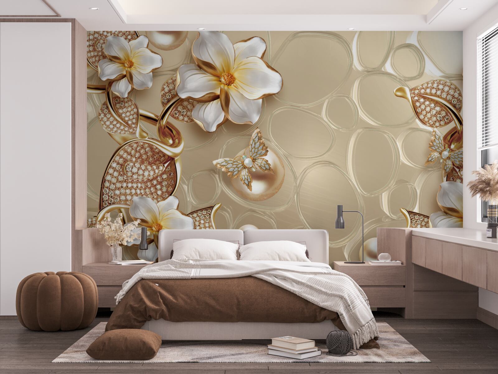 Fotobehang parels op zijde ontwikkelen takken met witte bloemen