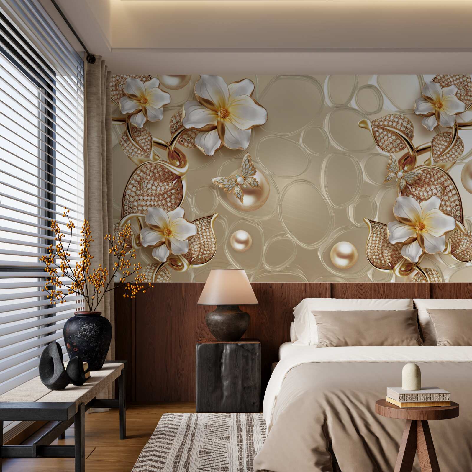 Fotobehang parels op zijde ontwikkelen takken met witte bloemen