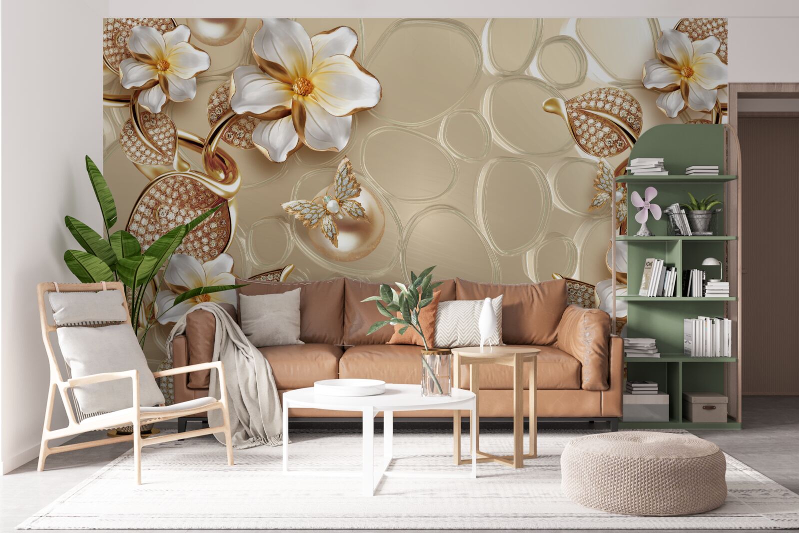 Fotobehang parels op zijde ontwikkelen takken met witte bloemen