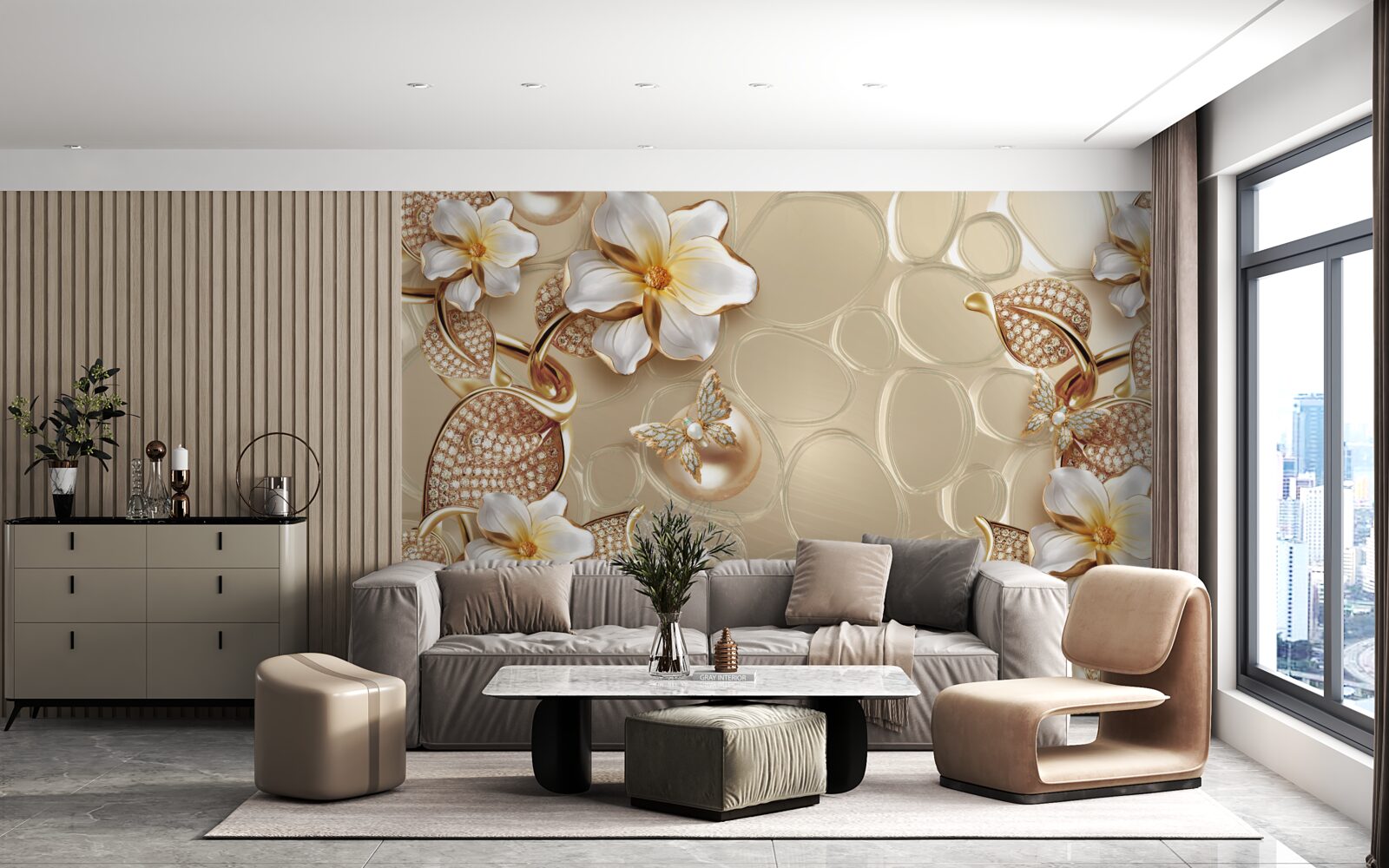 Fotobehang parels op zijde ontwikkelen takken met witte bloemen