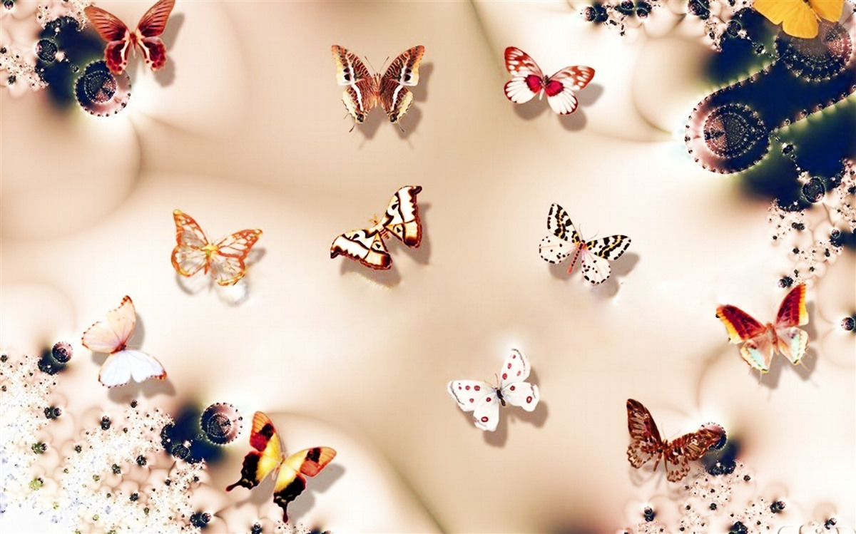 Fotobehang vlinders in verschillende kleuren op roze zijde