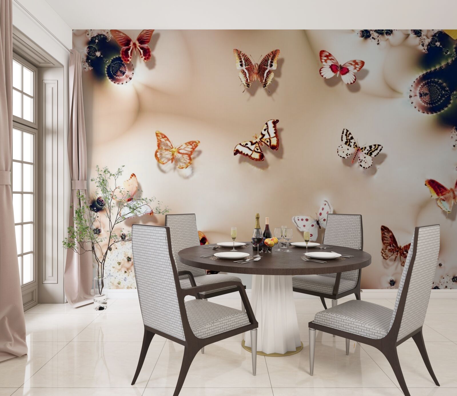 Fotobehang vlinders in verschillende kleuren op roze zijde