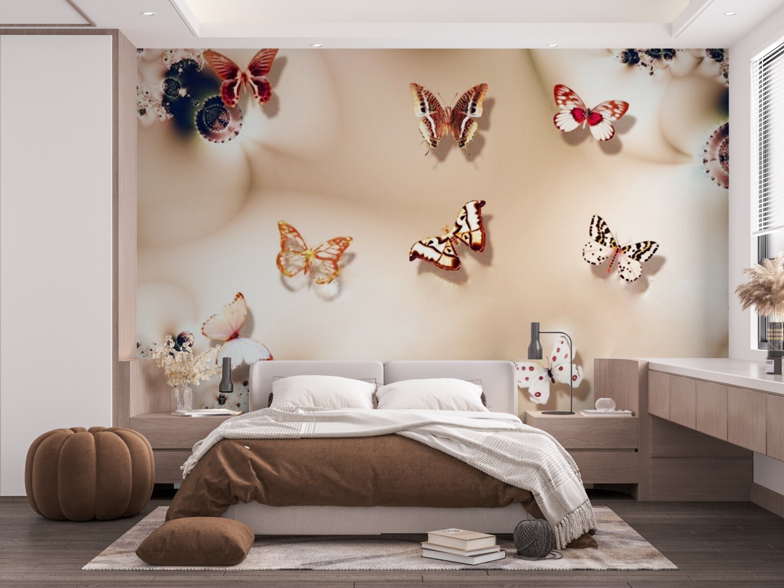 Fotobehang vlinders in verschillende kleuren op roze zijde