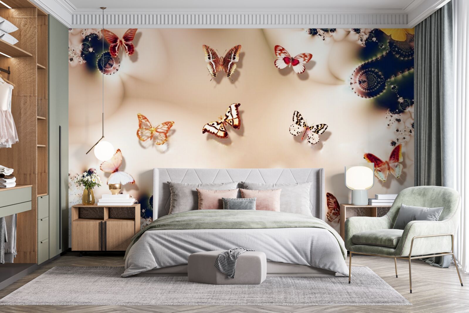 Fotobehang vlinders in verschillende kleuren op roze zijde