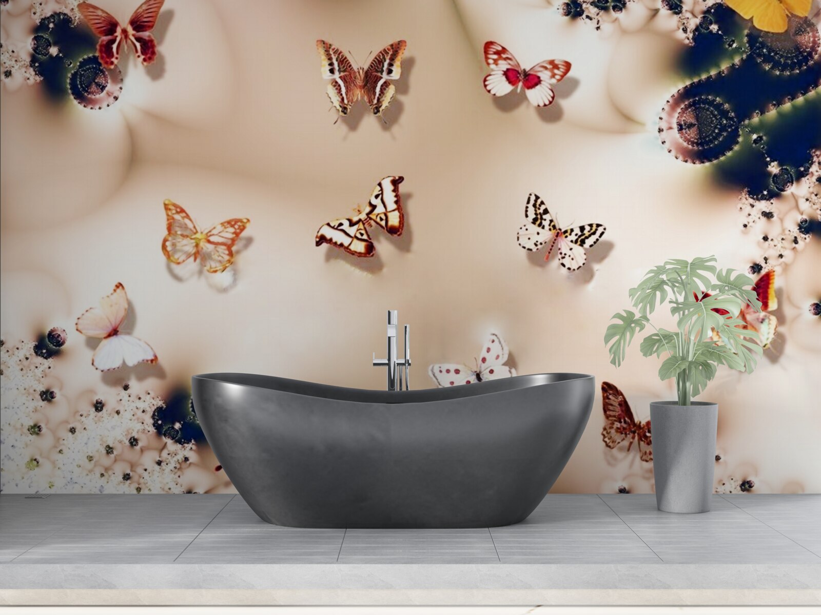 Fotobehang vlinders in verschillende kleuren op roze zijde