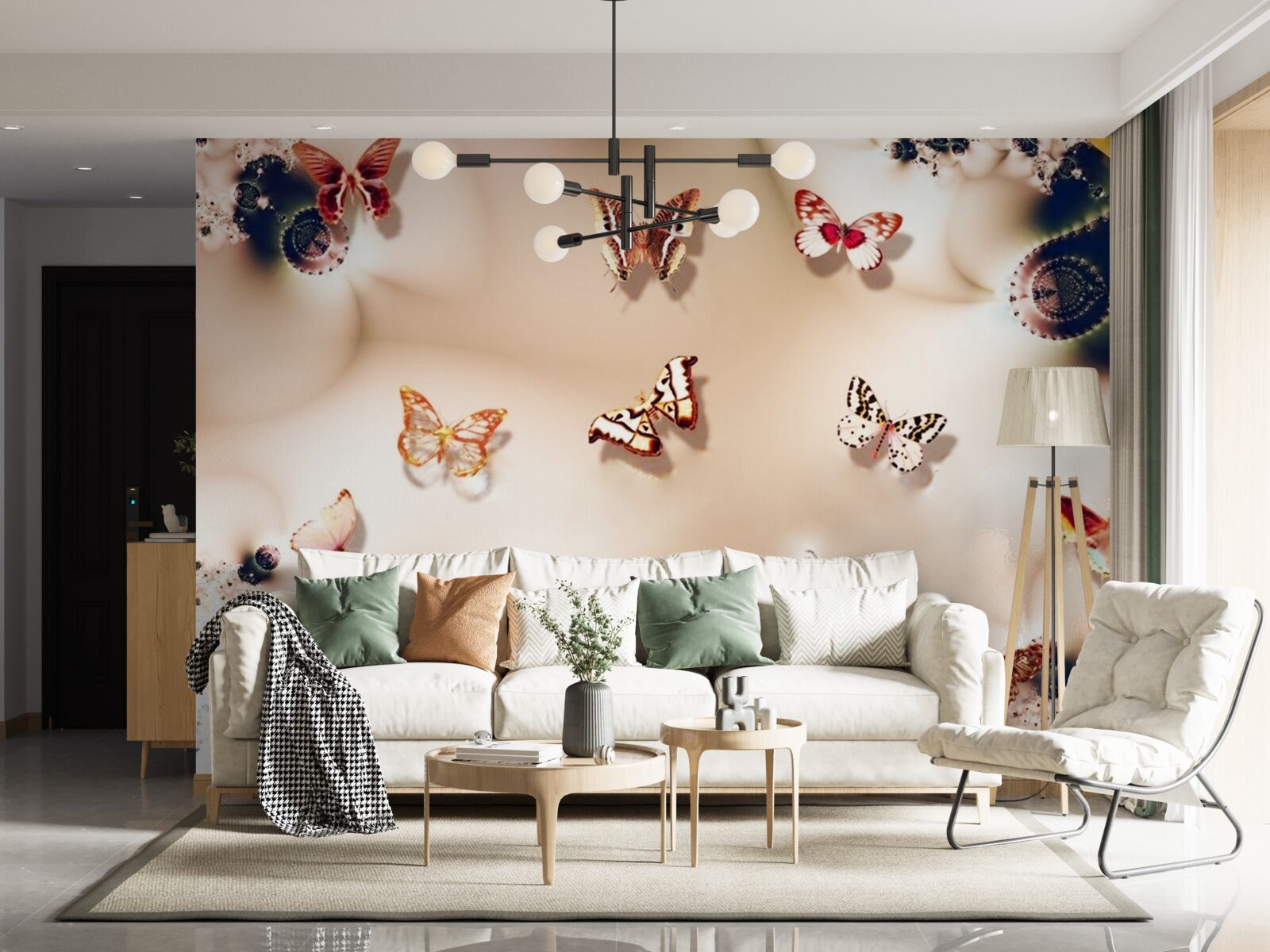 Fotobehang vlinders in verschillende kleuren op roze zijde