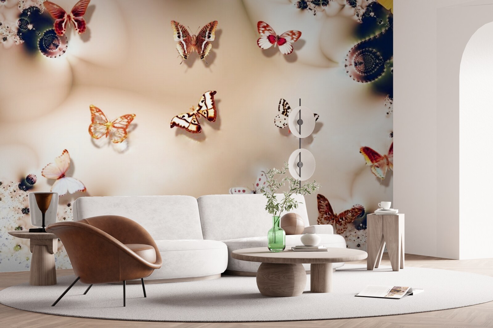 Fotobehang vlinders in verschillende kleuren op roze zijde