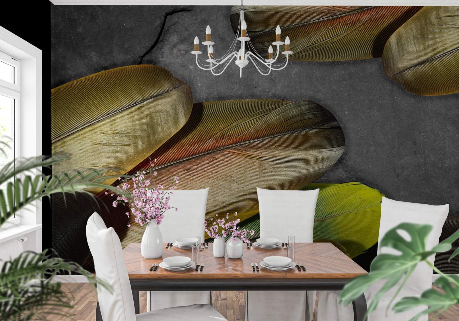 Fotobehang gouden veren glitter op grijze achtergrond