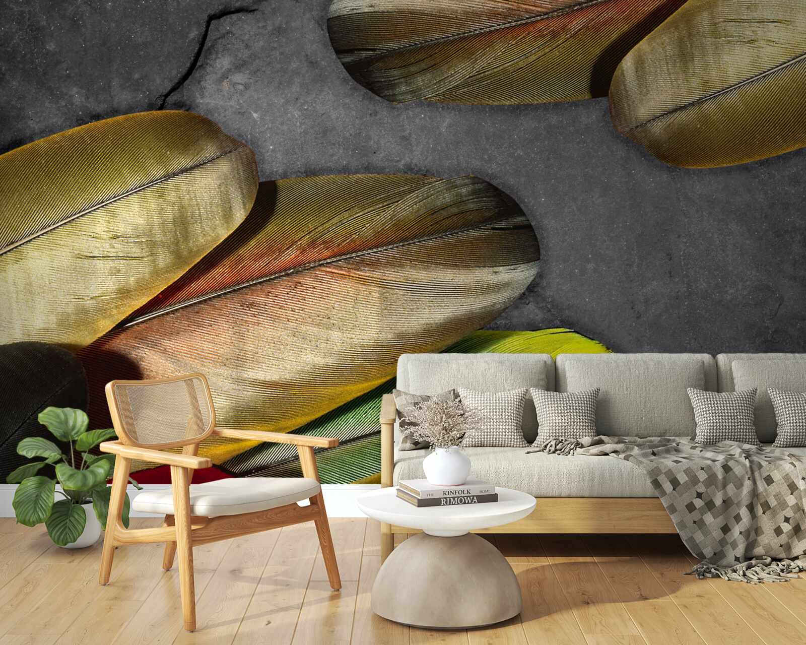 Fotobehang gouden veren glitter op grijze achtergrond