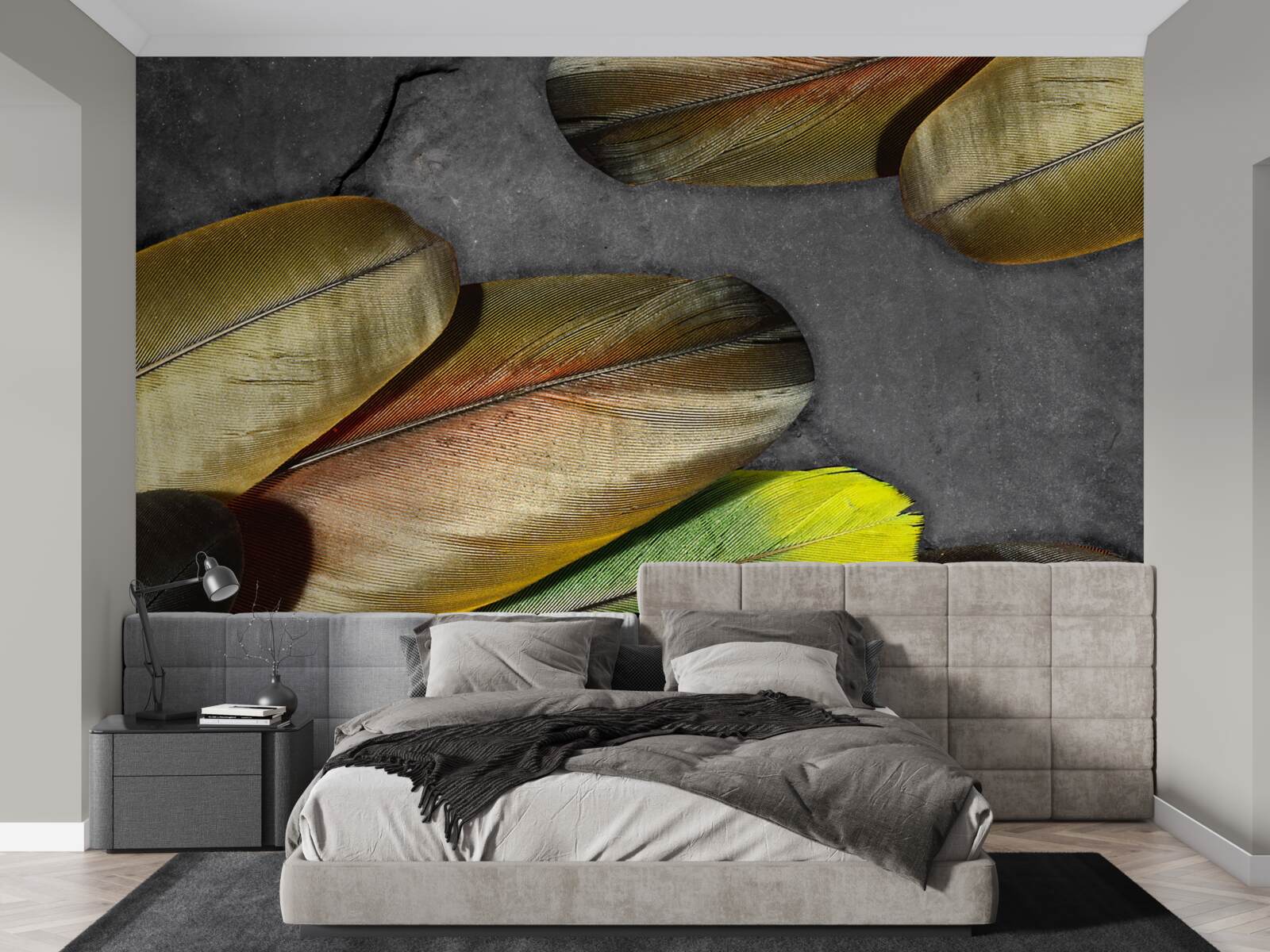 Fotobehang gouden veren glitter op grijze achtergrond