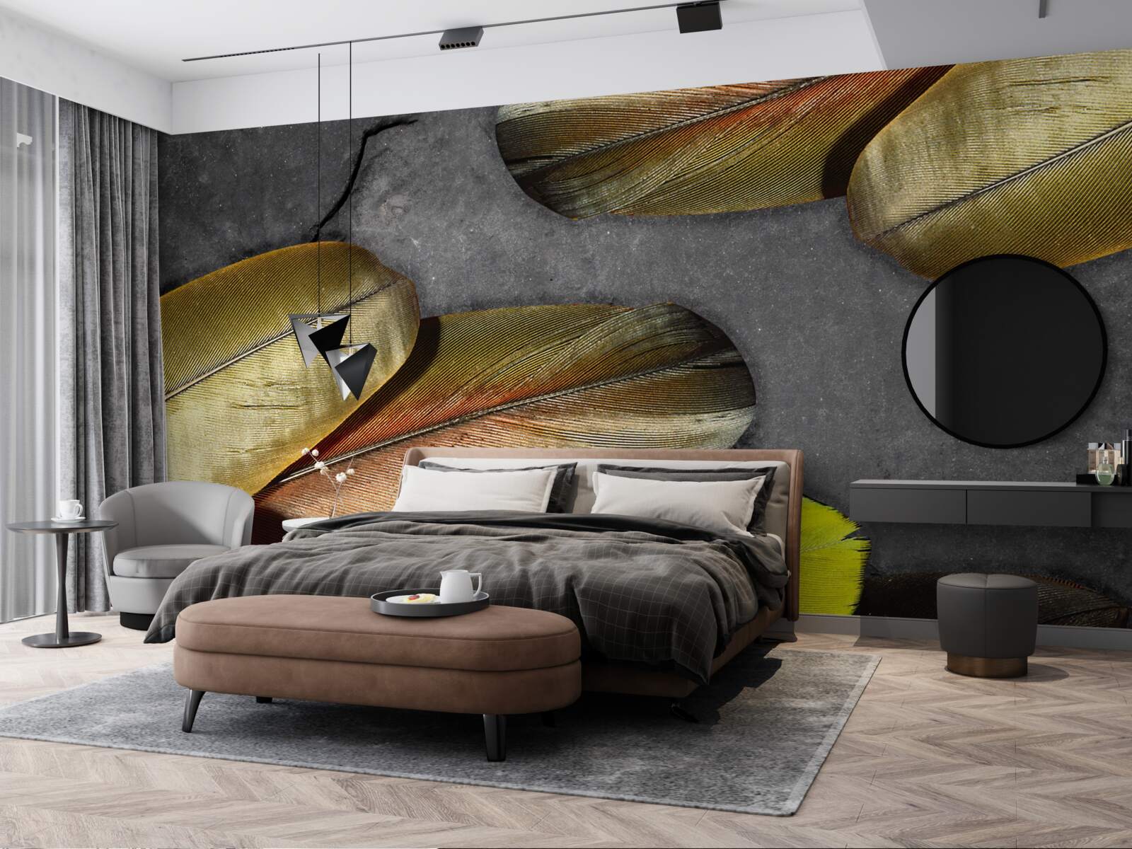 Fotobehang gouden veren glitter op grijze achtergrond