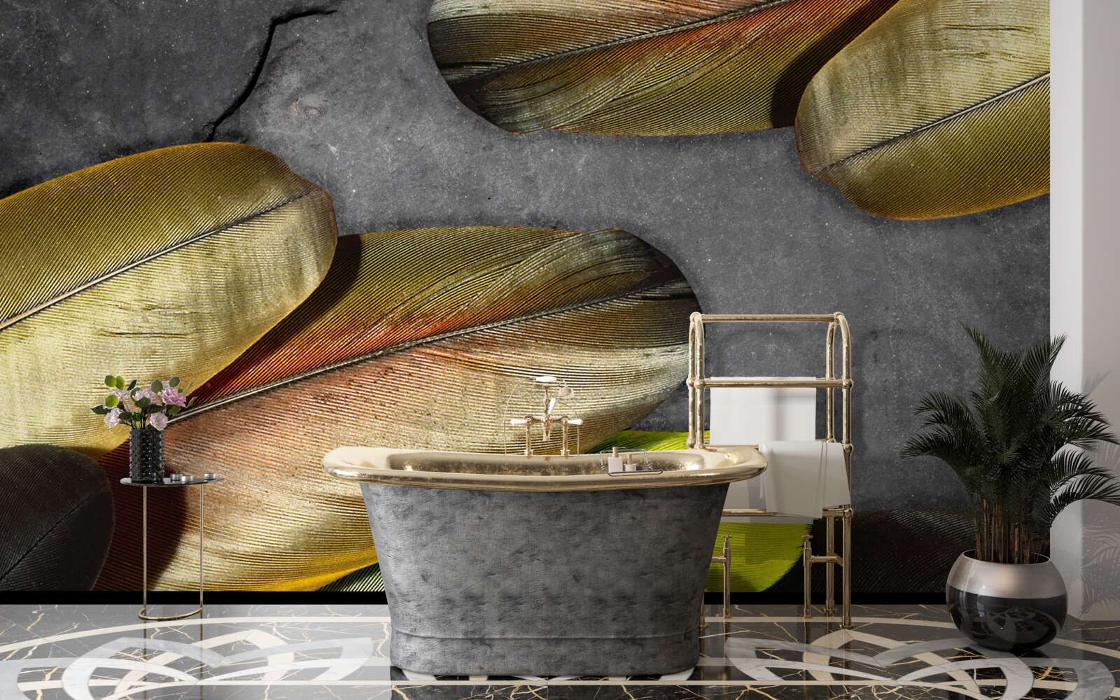 Fotobehang gouden veren glitter op grijze achtergrond