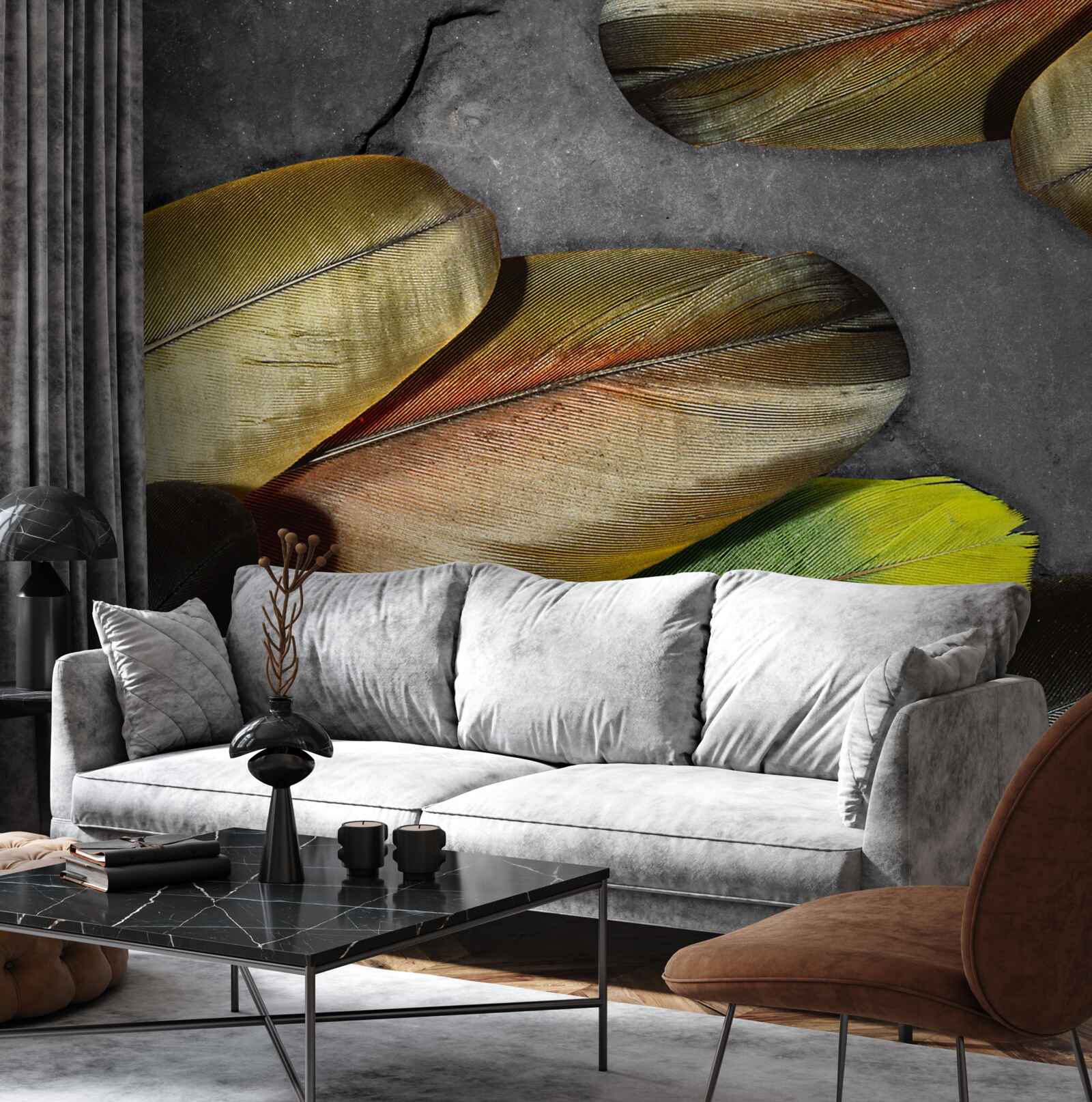 Fotobehang gouden veren glitter op grijze achtergrond