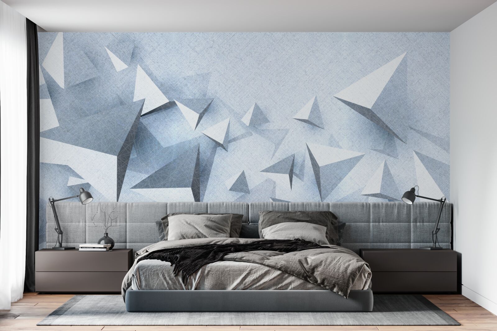 Fotobehang volumetrische driehoeken van verschillende grootte zijn wit