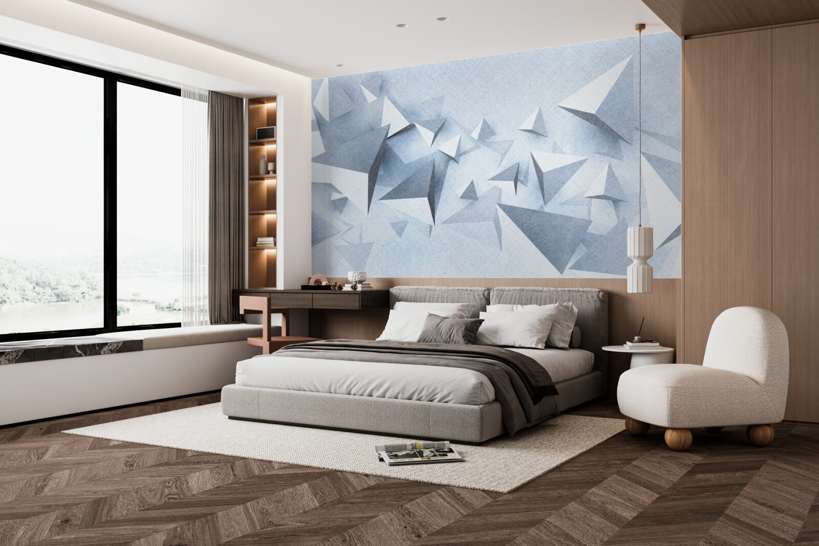 Fotobehang volumetrische driehoeken van verschillende grootte zijn wit