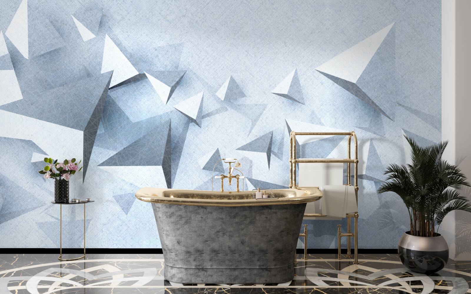 Fotobehang volumetrische driehoeken van verschillende grootte zijn wit