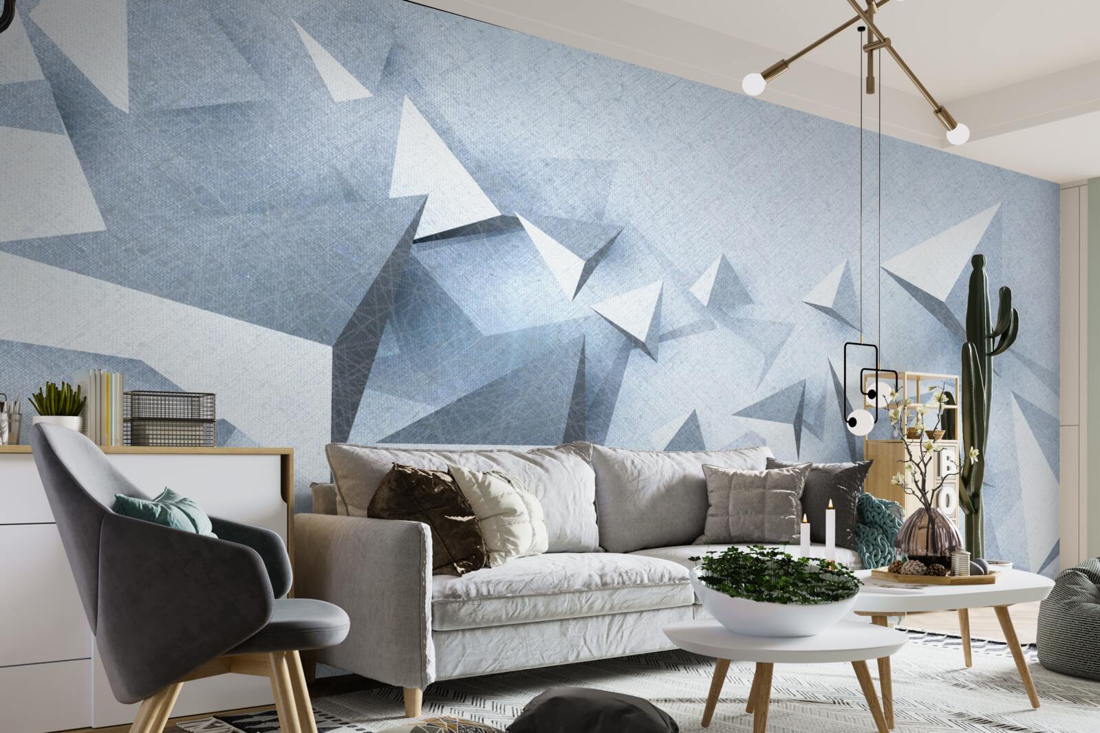 Fotobehang volumetrische driehoeken van verschillende grootte zijn wit