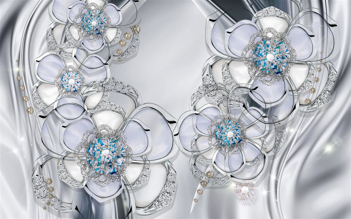 Fotobehang zilverkleurige knoppen met blauwe diamanten