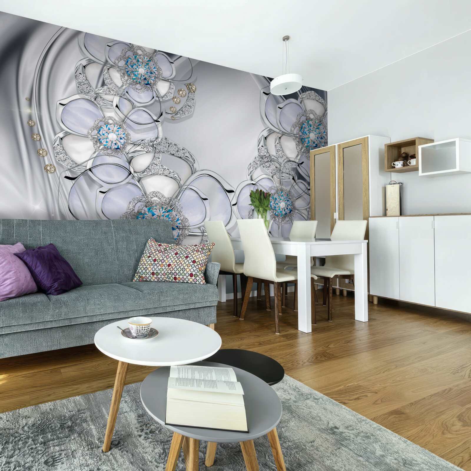 Fotobehang zilverkleurige knoppen met blauwe diamanten