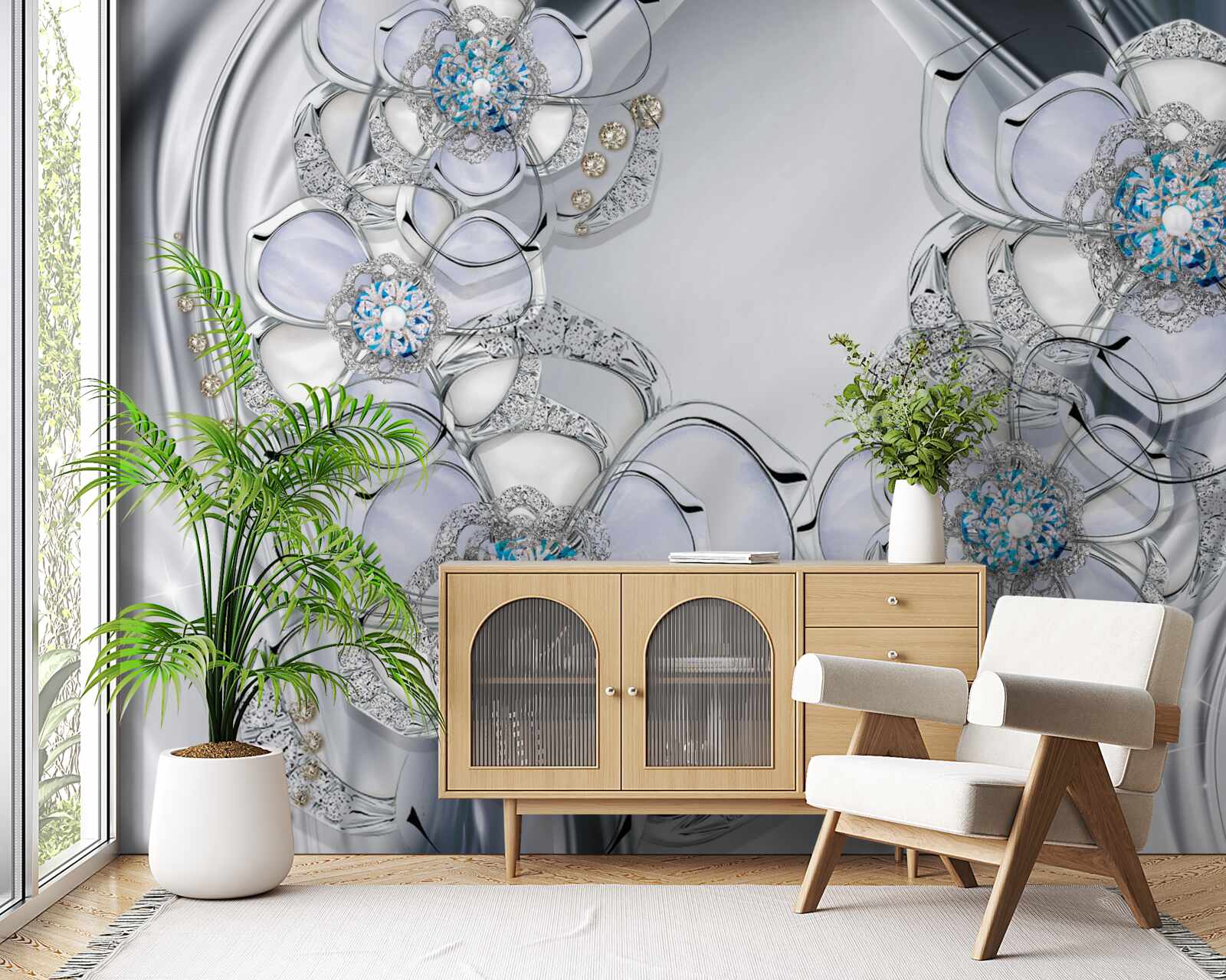 Fotobehang zilverkleurige knoppen met blauwe diamanten