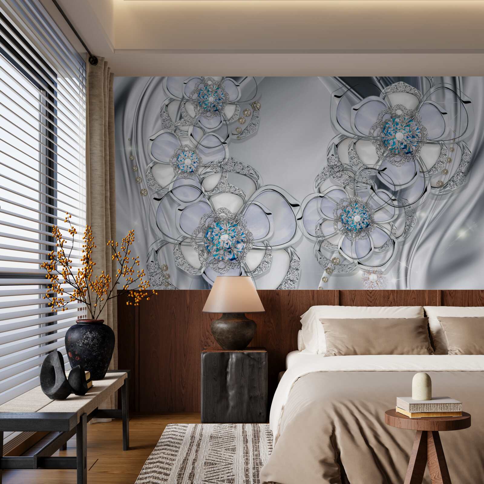 Fotobehang zilverkleurige knoppen met blauwe diamanten