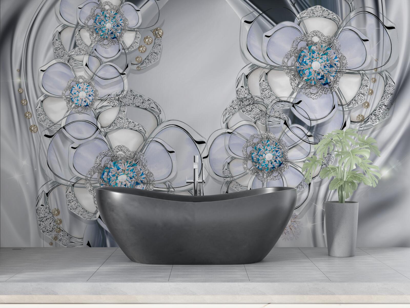 Fotobehang zilverkleurige knoppen met blauwe diamanten